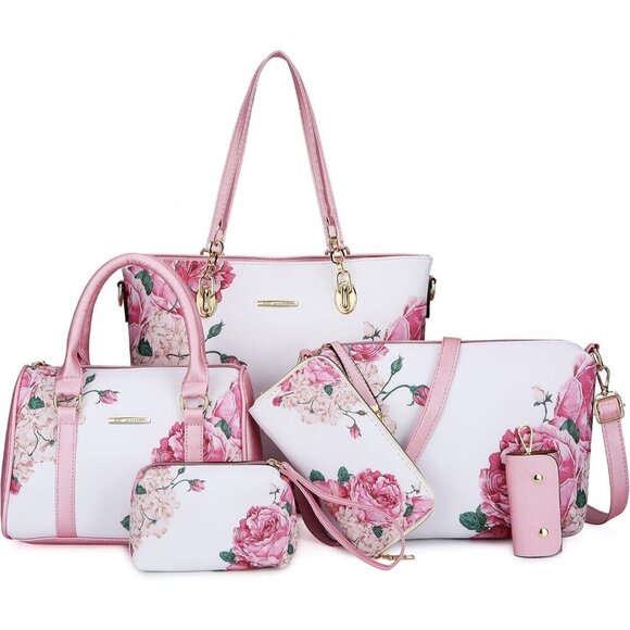 Handbags - Women's Pink White Faux leather Zipper Simple Top Handle 6pcs Tote Hand Bag
